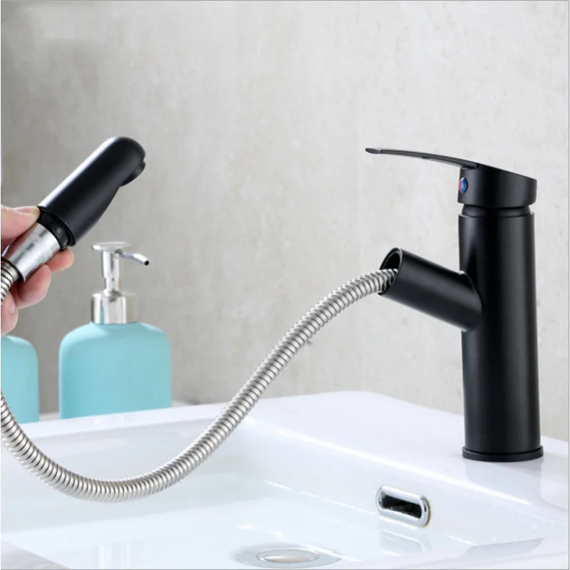 Hot&cold Black/Chrome Brass Single Hole Basin Faucet Pull Out Faucet Hotel Engineering Shampoo Basin Faucet