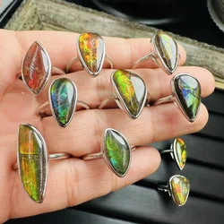 1 Pc Fengbaowu Natural Colorful Ammolite Ring Irregular Shape Stone 925 Sterling Silver Fashion Jewelry Gift For Women Men