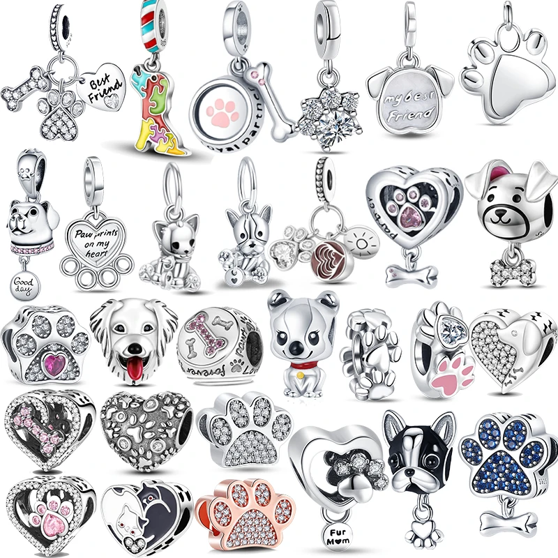 

925 Sterling Silver Pet Cat Dog Paw Bone Best Friend Pave Charm Beads Fit Pandora Bracelet DIY Fine Jewelry Pendants