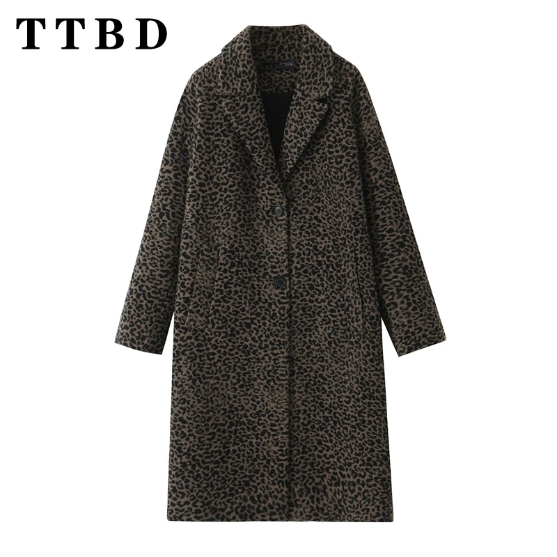 

TTBD 2024 Winter New Women's Wool Coat Long Sleeve Notched Elegant Jacket Top Leopard Print Single Breasted Windbreaker