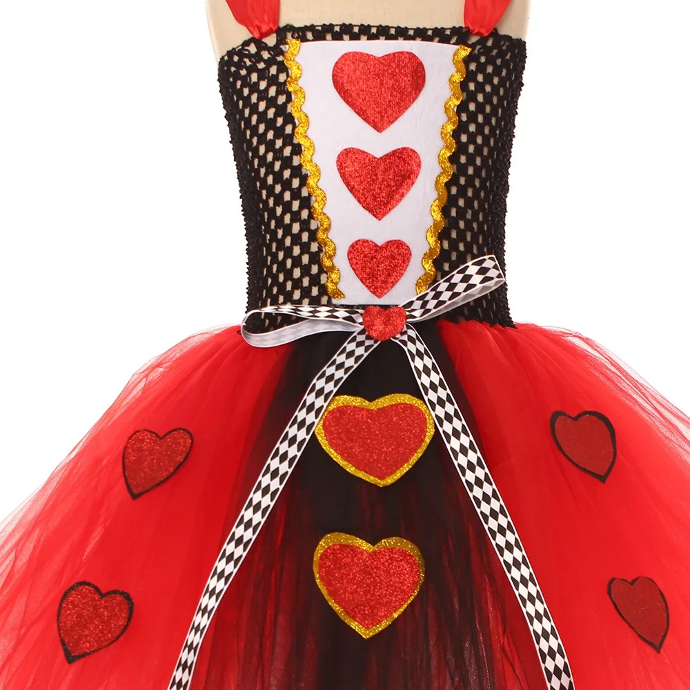 Red Queen of Hearts Dresses Disney Alice in Wonderland Fancy Baby Girl Clothes Carnival Halloween Outfit Crown Magic Stick Gown