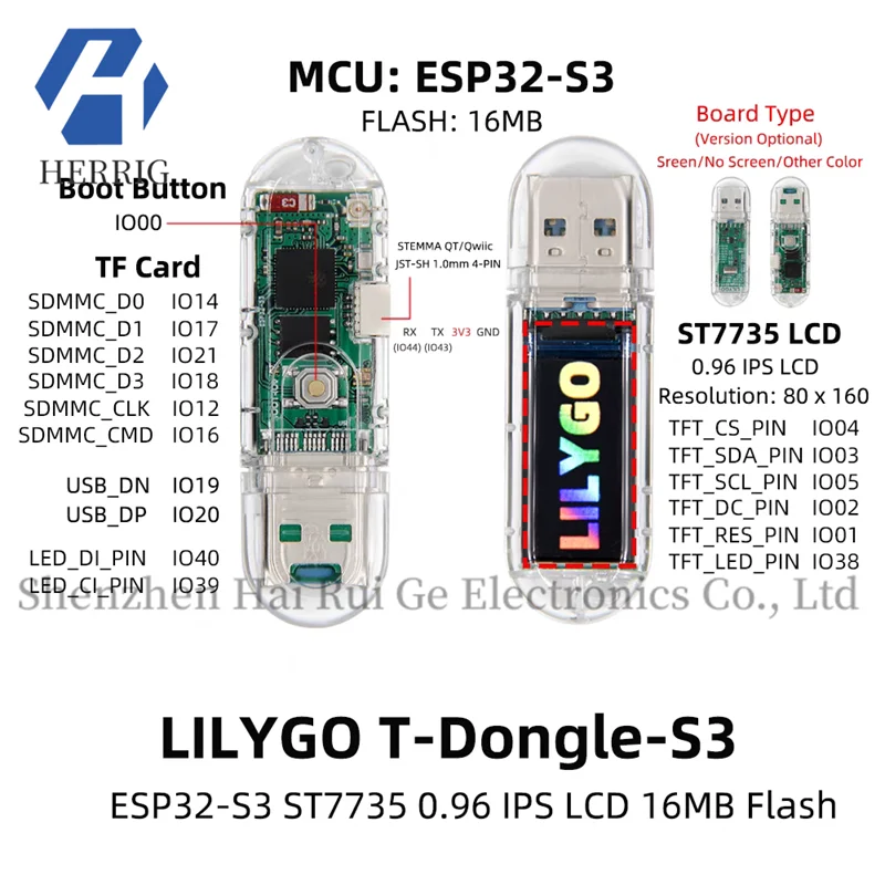 T-Dongle-S3 development board with 0.96-inch LCD, supports WiFi, Bluetooth, and TF card
