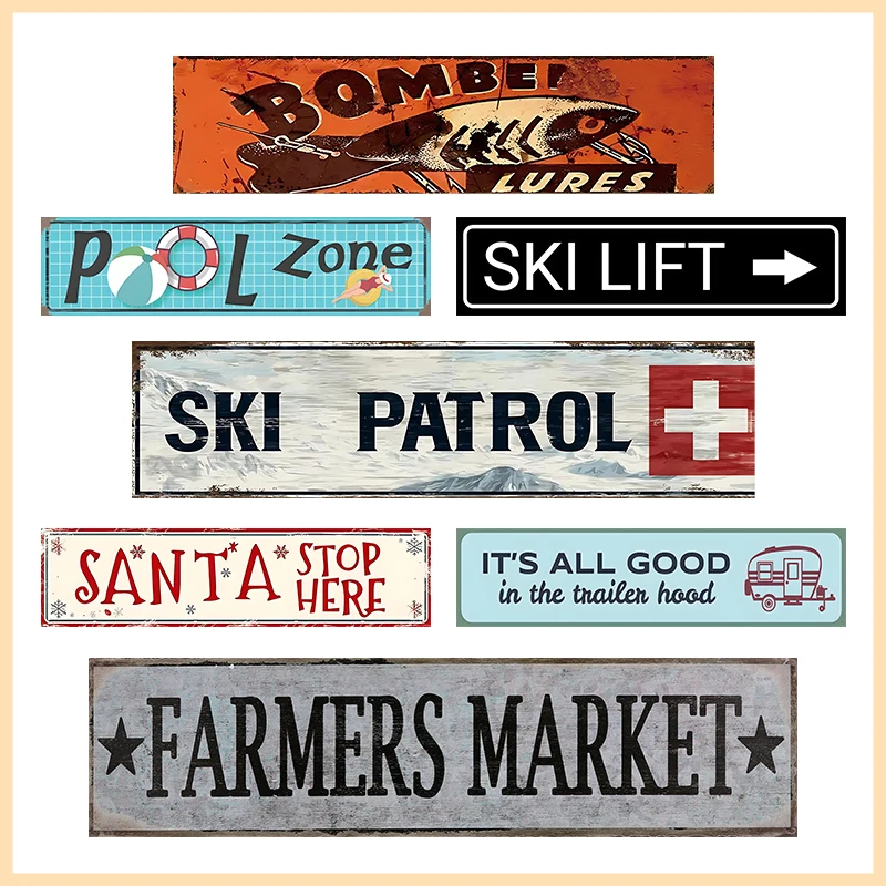 Vintage Outdoor Themed Metal Tin Sign Ski Patrol Pool Zone Santa Stop Here Farmhouse Bar Wall Art Plaque for Home Cabin Decor