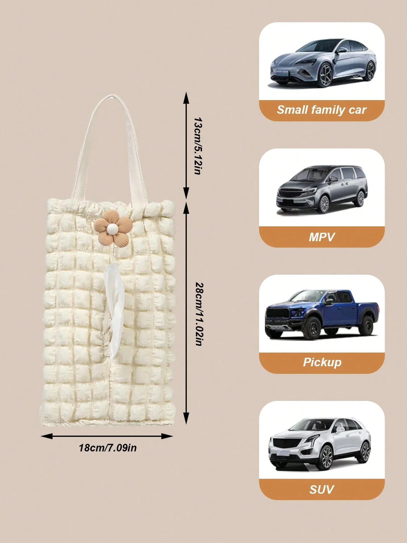 Luxury Puff Grid Car Tissue Box, Cute Bear, Car Tissue Bag, Large Capacity, Hanging Seat Back Organizer, Soft Quilted Fabric, Ki