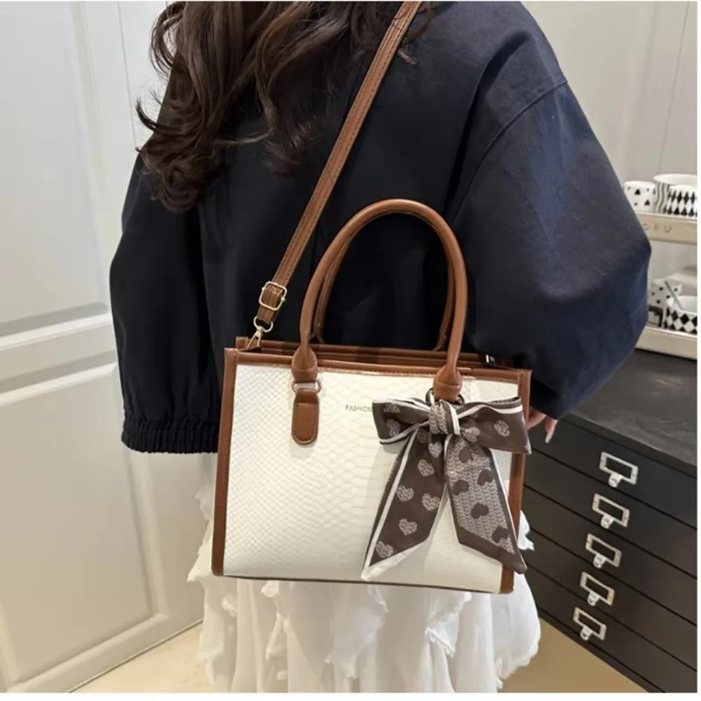 Casual PU Leather Shoulder Bag With Silk Scarf Decor Large Capacity Small Square Bag Women Handbag Women