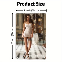Vintage Metal Tin Sign Wall Art -  Frameless Retro Woman in White Dress & Checkered Floor Design, Durable Iron Classic Modern Po