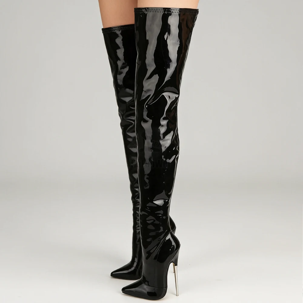 Jialuowei Crotch Boots with Stiletto Heels Women Winter Boots Patent Leather Black Stretch Thigh High Boots Plus Size