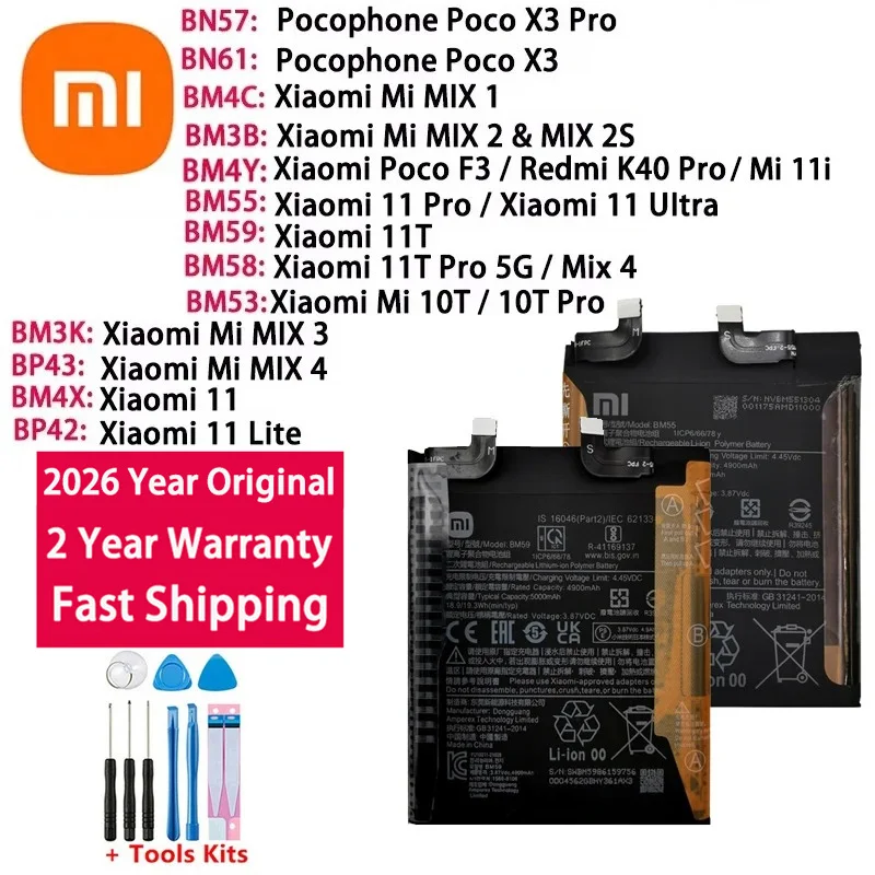100% Original Battery For Xiaomi Pocophone Poco Mi Mix Redmi 1 2 2S 3 4 X3 F3 K40 10T 11T 5G Mi11 11i Lite Ultra Pro Batteries