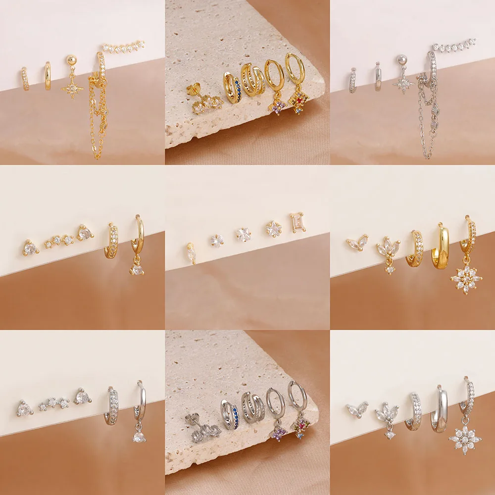 5PCS Stainless Steel Zircon Hoop Earrings Set Simple Versatile Daily Wear Everyday Ear Accessories Young Girl Statement Jewelry