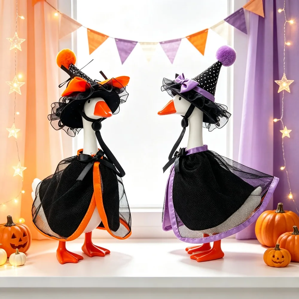 Halloween Witch Costume for 7-Inch Porch Goose Cape & Hat Set for Goose Statue,Creative Fall Decoration for Yard,Holiday Display
