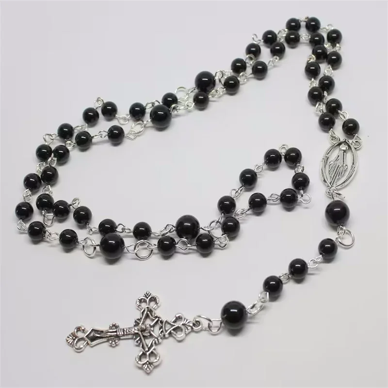 Handmade Victorian Gothic Rosary Style Long Necklace, Five Decade Rosary Beads with Crucifix, Black Glass Beads Catholic Rosary