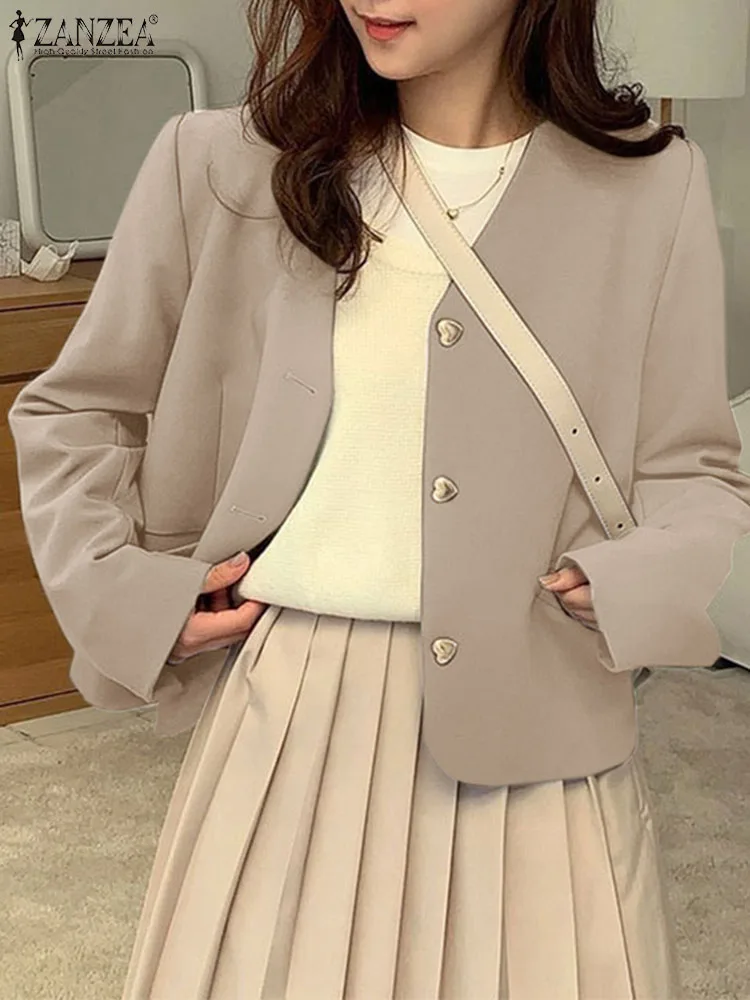 Women Blazer ZANZEA Autumn Solid Suits Outwear V Neck Long Sleeve Blouse Casual Work OL Jackets Female Casual Buttons Thin Coats