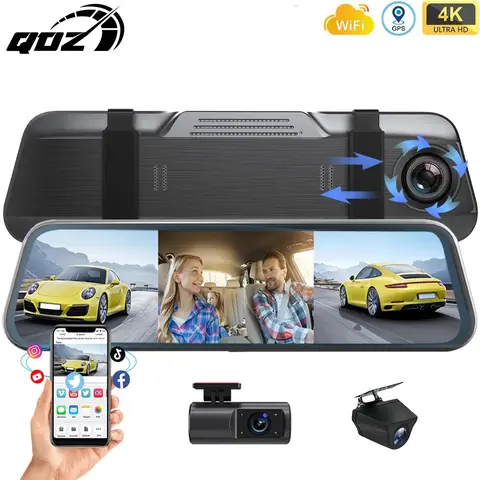 QOZ 10인치 3카메라 4K 차량용 블랙박스 후방 카메라 미러형 야간촬영 루프 녹화 G센서 WIFI 운전 비디오 레코더