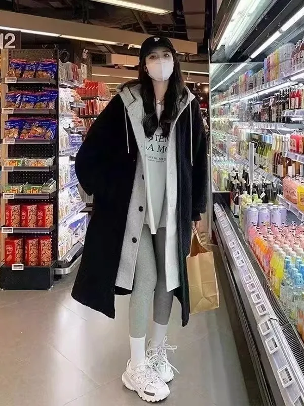 Color Blo Piel de cordero Jaet Ropa de abrigo larga y holgada para mujer Diseño falso de dos piezas Top de invierno Faion de talla grande