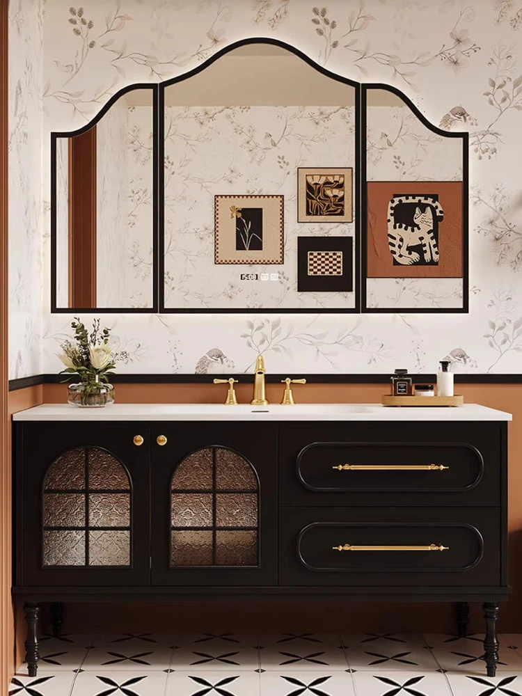 

French floor-to-ceiling bathroom cabinet combination Corian integrated basin oak paint bathroom combination