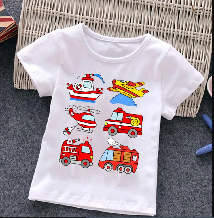 Fire Truck Print 2023 Children's T-shirt  Summer Short Sleeve Tshirt Cartoon Harajuku Girl Boy  Top Tee