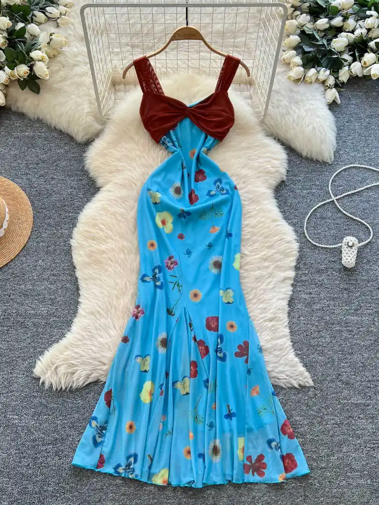 

Летнее французское платье-сарафан с контрастными вставками, сетчатым принтом и силуэтом «рыбий хвост», женское, новое, модное, облегающее, в стиле «допамин», S405