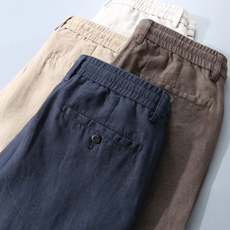 Summer Thin 2026 100% Pure Linen Casual Trousers Men's High-end Texture Breathable Straight Loose Elastic Waist Long Pants