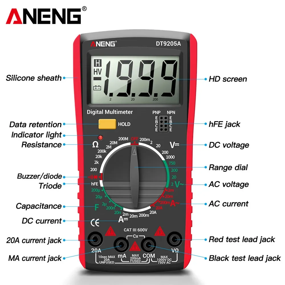 ANENG DT9205A Multimeter Digital Newly HD True RMS Auto AC/DC Voltage Current Tester Ohm Capacitor Voltage Meter Detector Tool