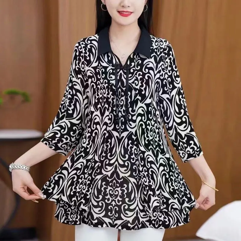 Folk Printed 3/4 Sleeve Blouse Fashion Chinese Disc Buckle Summer Turn-down Collar Female Clothing Loose Vintage Spliced Shirt