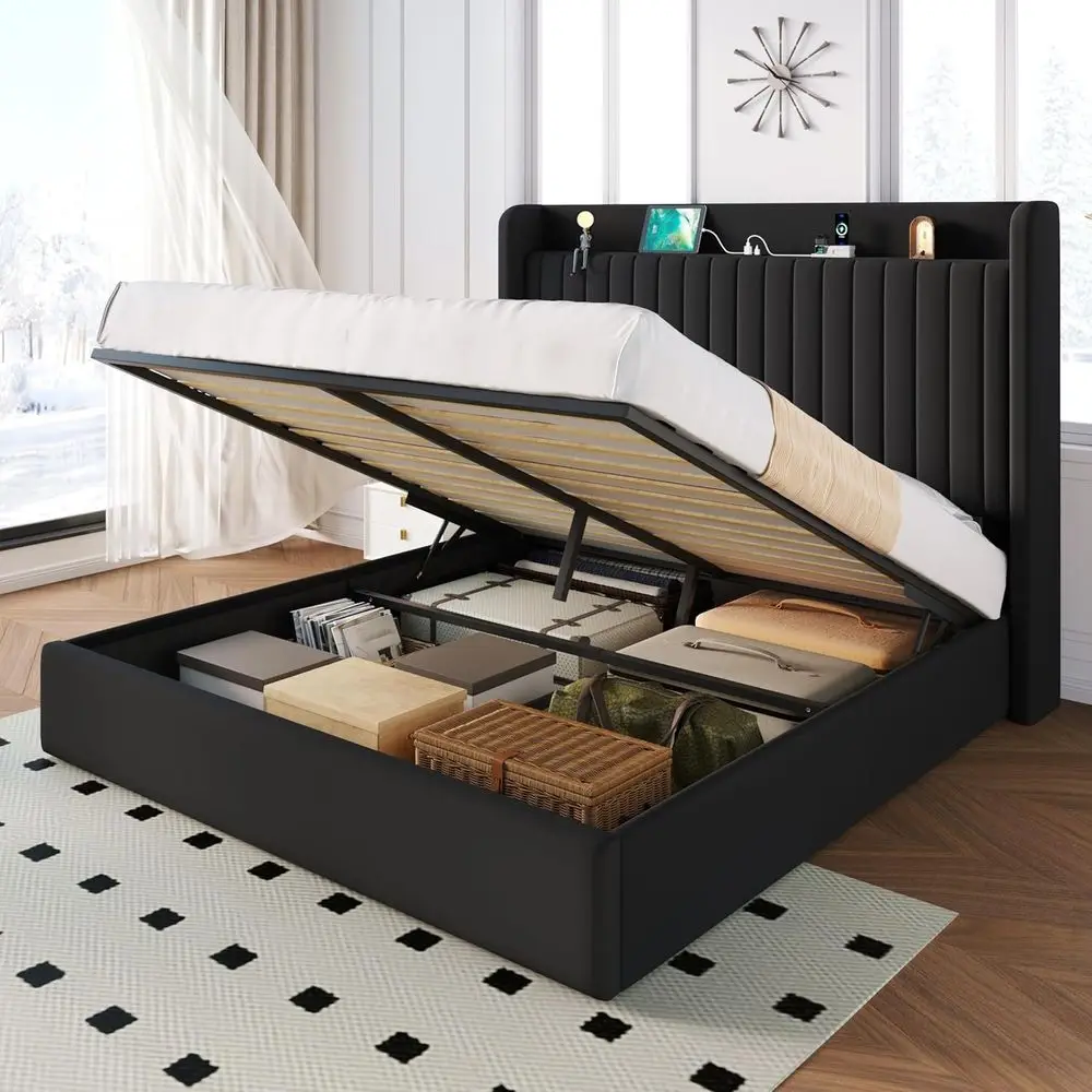 

Black Velvet Queen Bed with Storage, USB Ports, and Hydraulic Lift