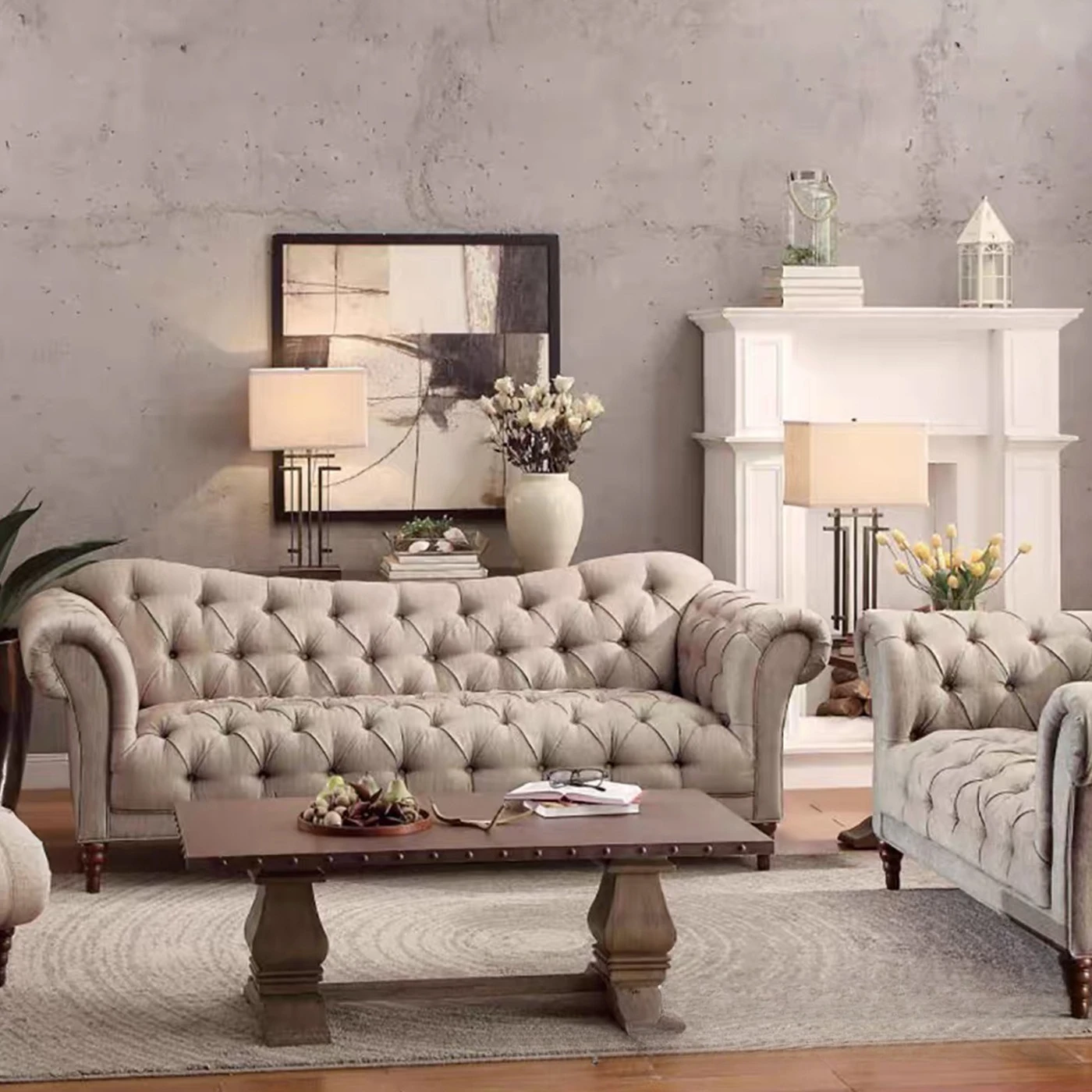 American rural classical personality creative three-person pull buckle fabric sofa villa area single double three-person sofa co