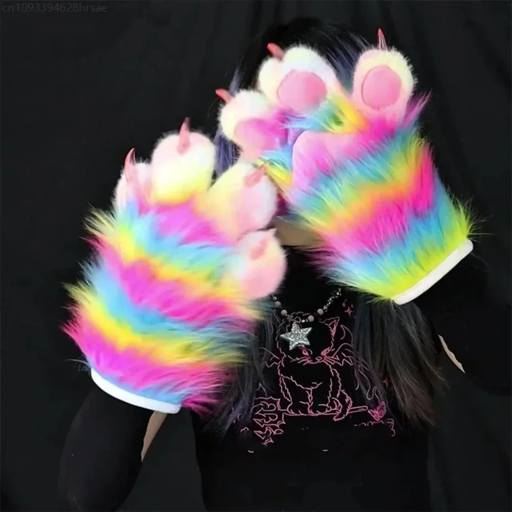 Furry Cat Claw Rainbow Gloves Beast Paw Mittens With Nail Fursuit Party Anime Carnival Halloween Cosplay Costumes Props