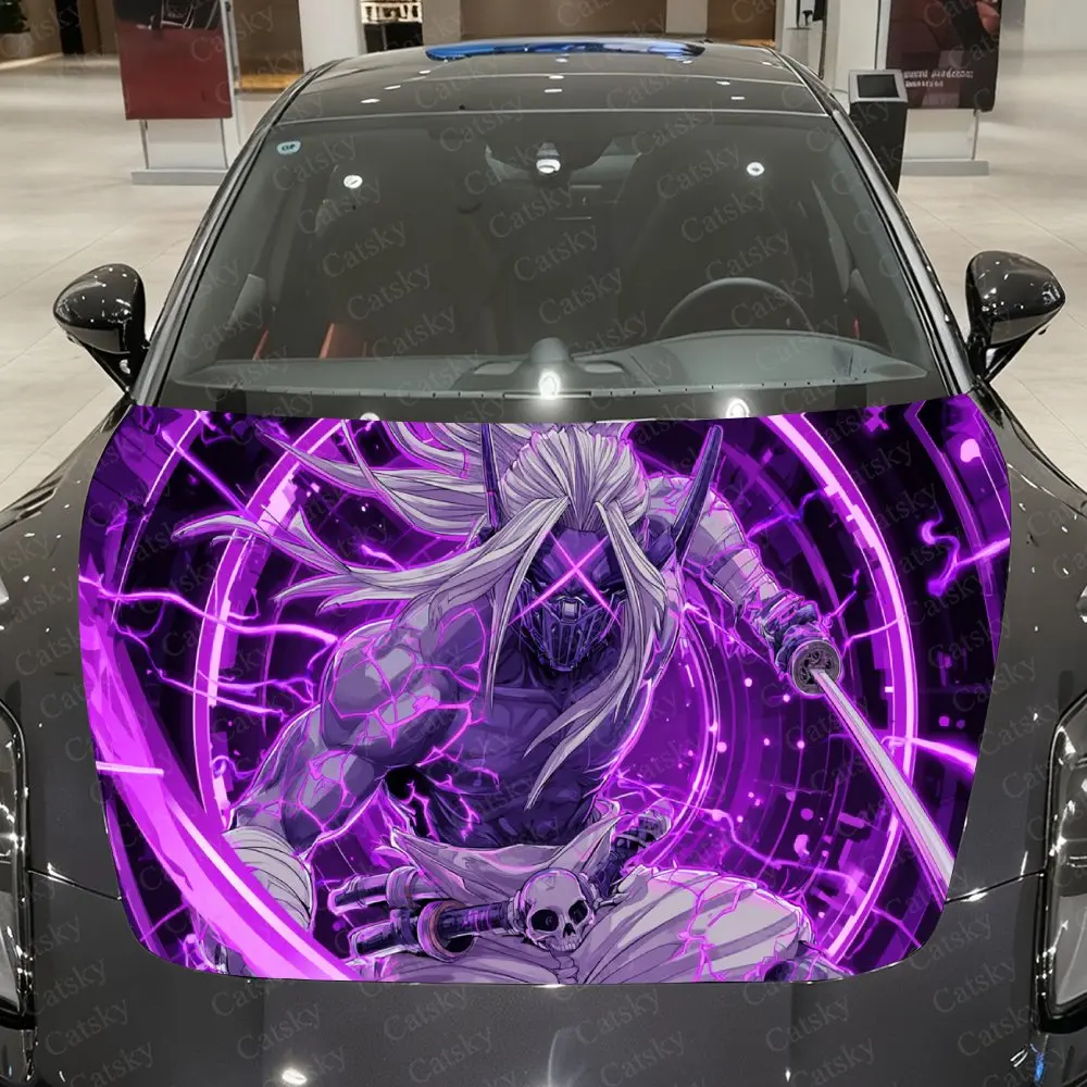 Purple Lightning Demon-Pattern Warrior Car Vinyl Wrap, PVC Waterproof Car Hood Sticker, Self-Adhesive Scratch-Resistant Stickers