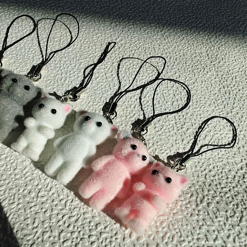 Cartoon Flocking Cat Pendant Phone Lanyard Cute Bear Doll Mobile Phone Strap Keychain For Girls Cell Phone Chain Accessories