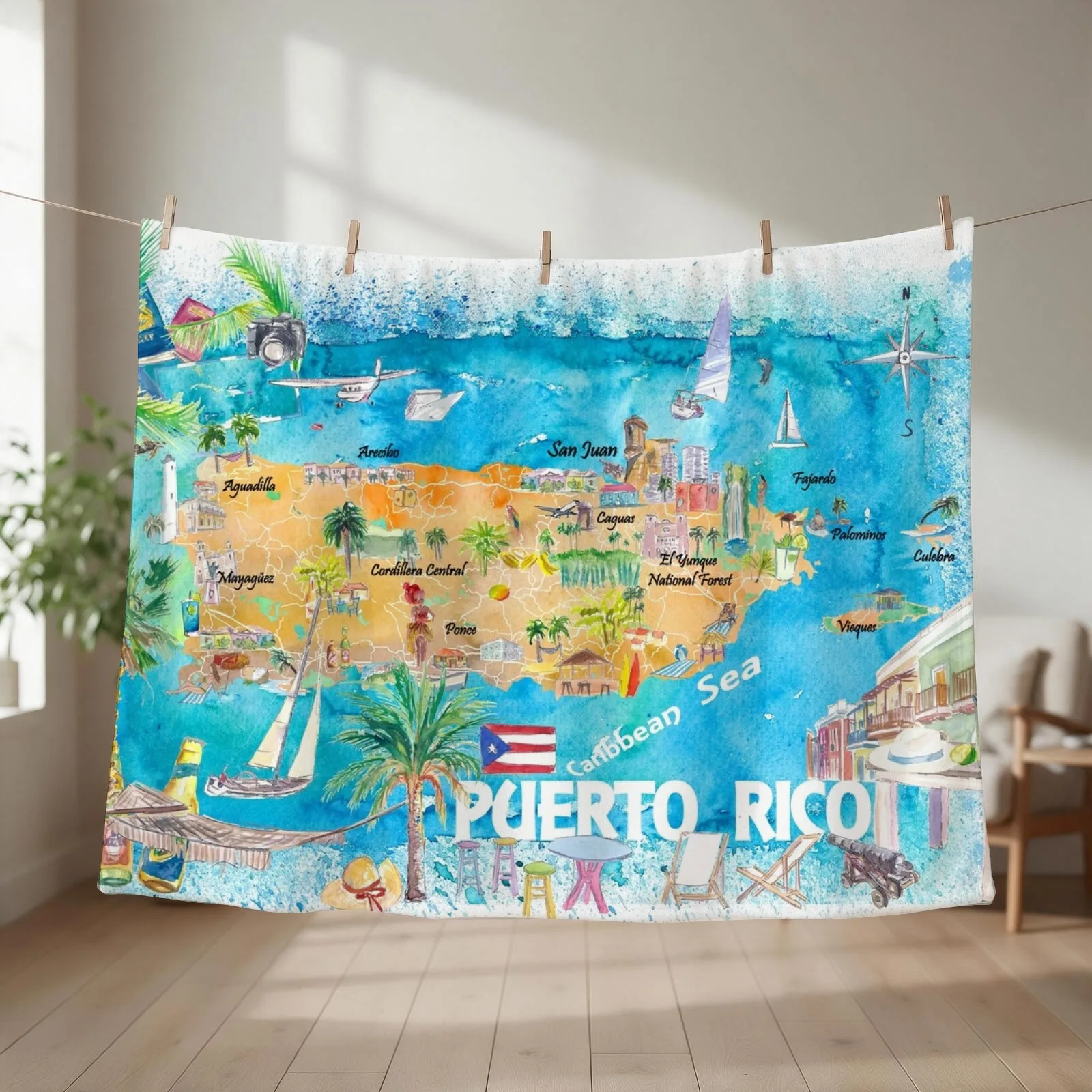 Puerto Rico Islands Illustrated Travel Map with Roads and Highlights Throw Blanket