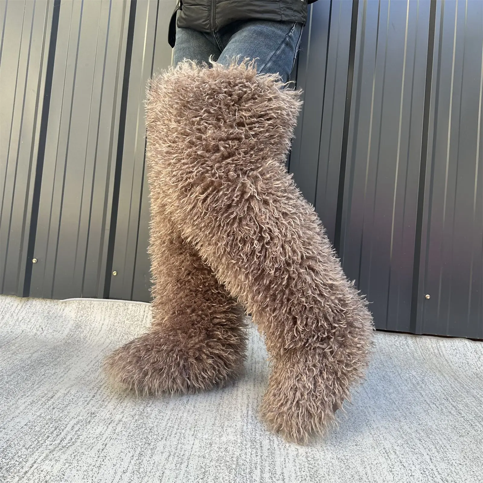 72cm Faux Sheep Fur Thigh High Snow Boots, Faux Raccoon & Fox Fur Women Over Knee Tall Plush Winter Boots