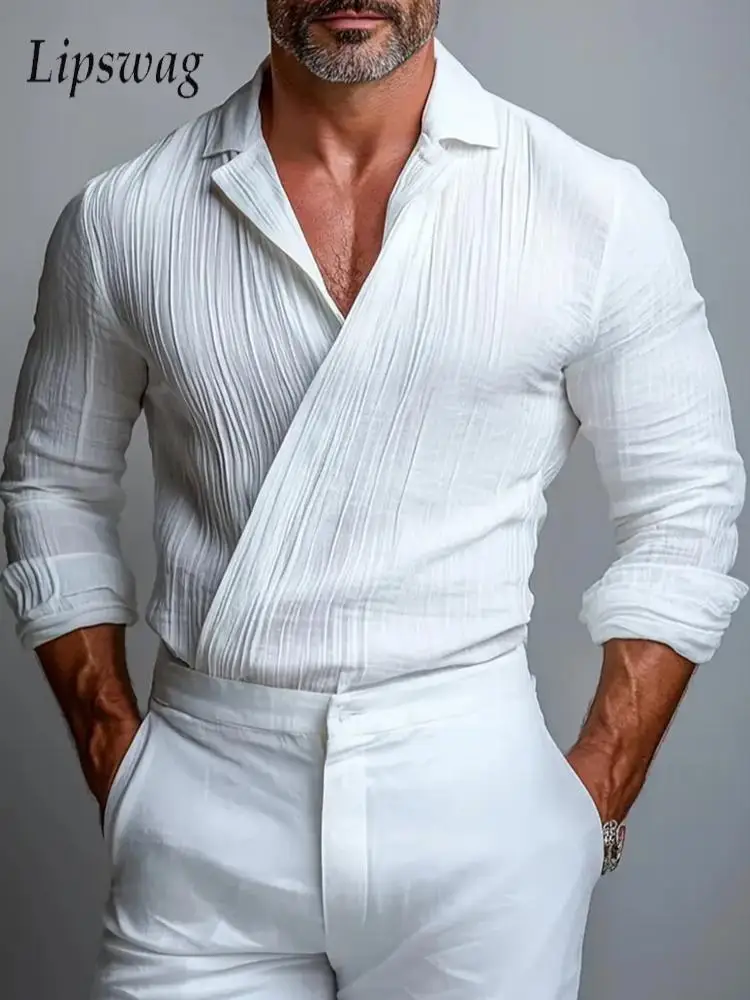 Elegant Men's Slim Blouse Shirts Long Sleeve Wrap Cross Lapel Design Tops Men Vintage Solid Color Textured Shirt Spring Autumn