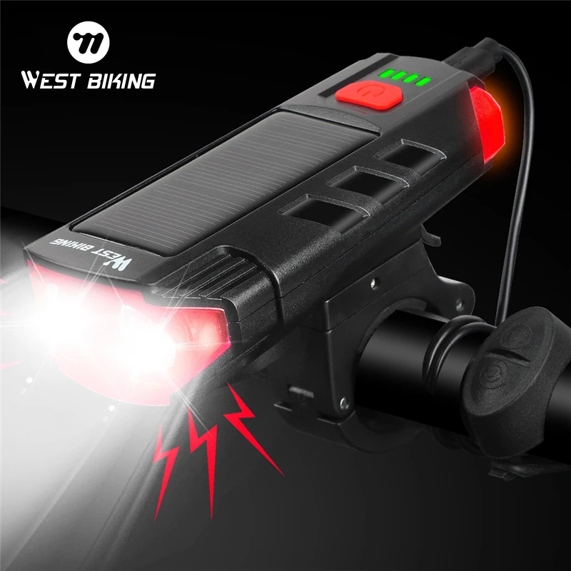 WEST BIKING 2000mAh Solar Power Bicycle Light USB Rechargeable LED Cycling Headlight Waterproof 120dB Bike Horn Warning Lamp