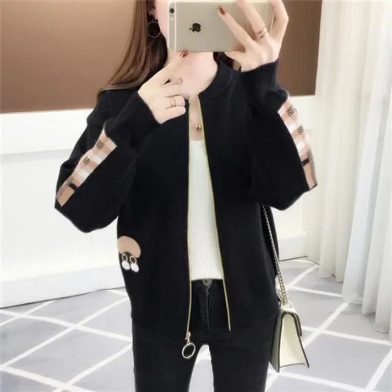 Zip-up Embroidered Women's Knitted Bomber Jackets 2025 Trend Long Sleeve New Products Female Baseball Aviator Coats High Quality