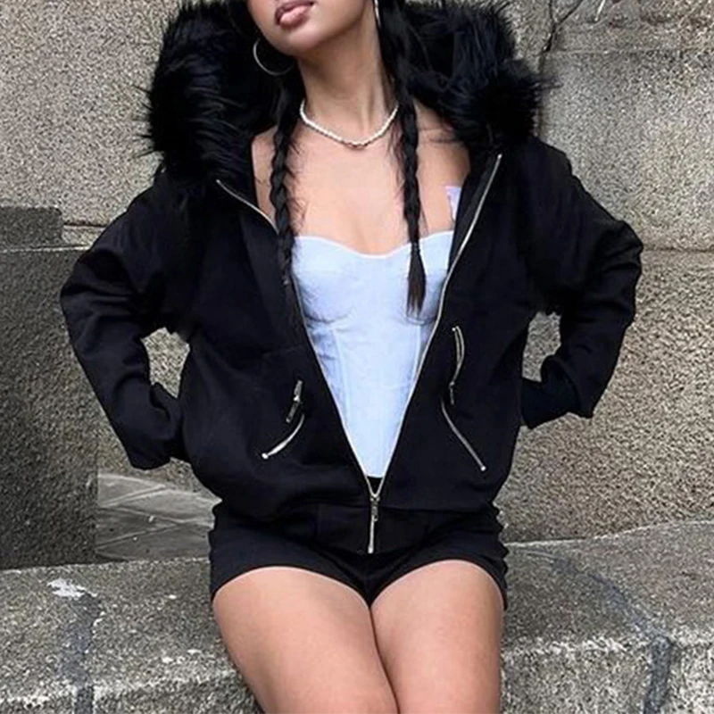 New Black Zipper Split Printed Plush Hooded Sweater High Street BF Style Loose and Warm Coat