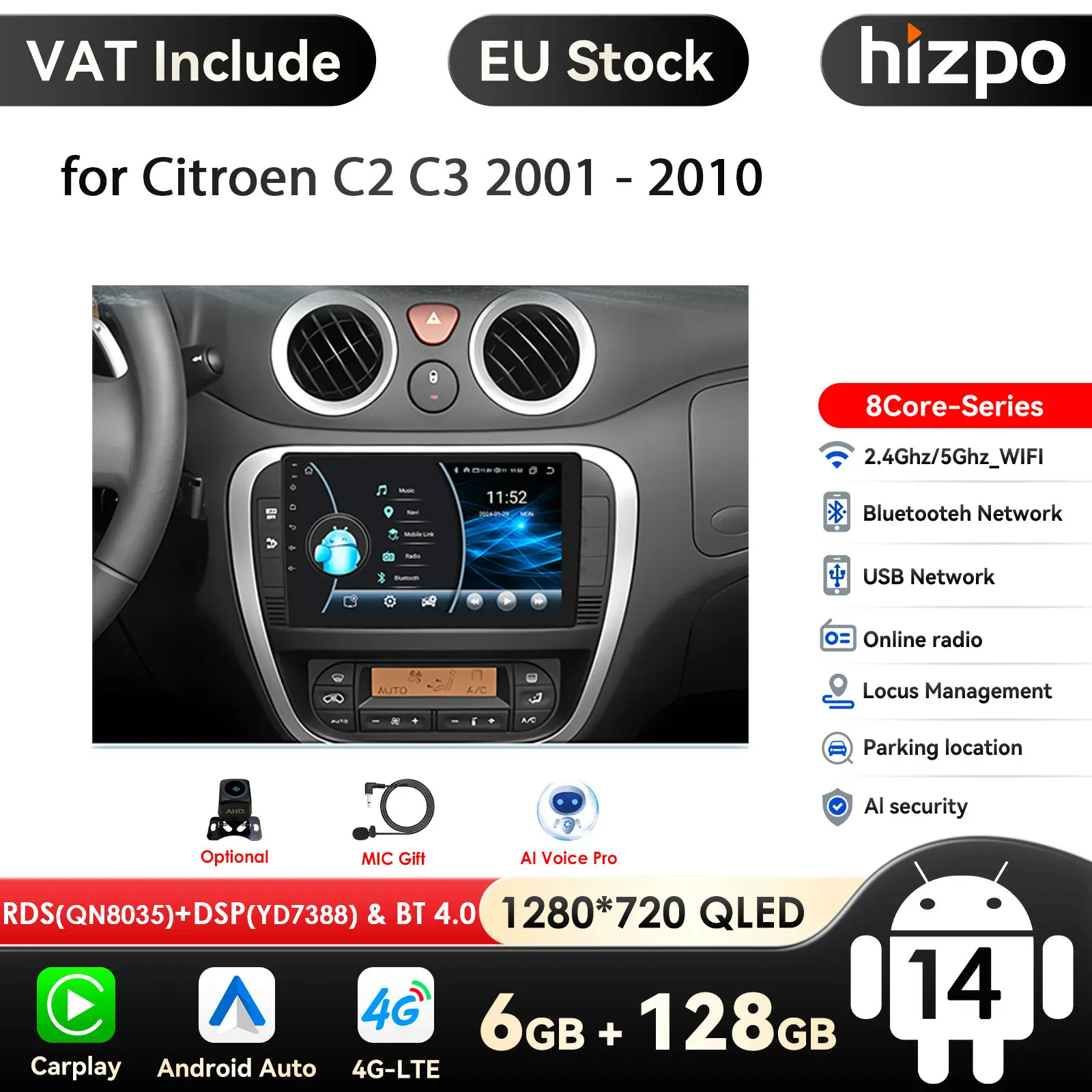Hizpo Android Wireless CarPlay Auto Autoradio für Citroen C2 C3 2001-2010 AI Intelligente Systeme RDS DSP GPS FM BT SWC 360Kamera