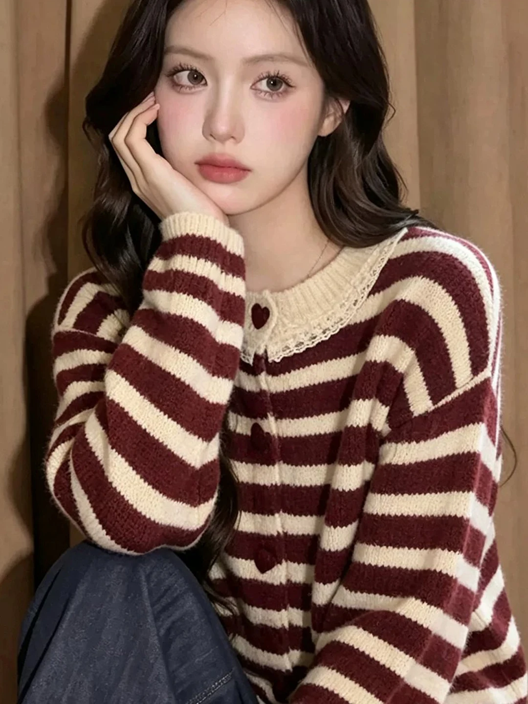 Loose Knitted Lace Trim round Neck Striped Open Cardigan Women's Soft Comfortable Anti-Aging Heart Button Sweater Jacket