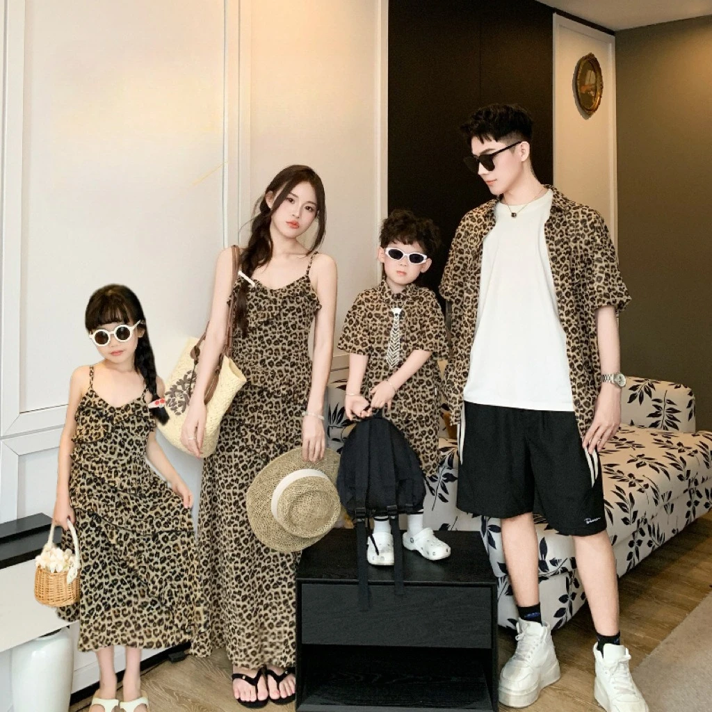 2026 Summer Mommy and Me Leopard Print Family Matching Outfit Casual Beach Dress Shirt Set for Mom Dad Daughter Son