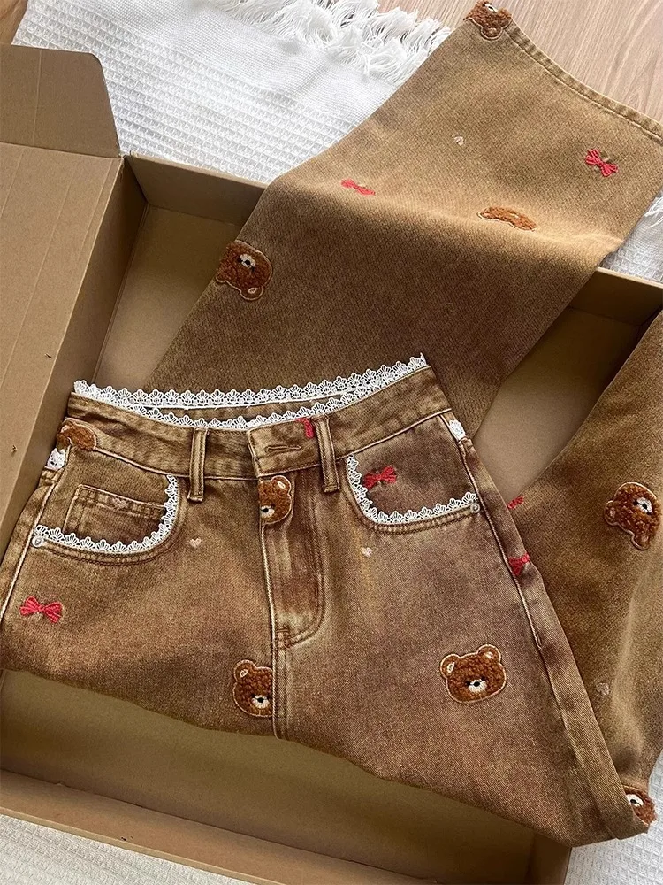 

Cute Bear Embroidery High Waist Loose Wide Leg Jeans Women's Spring Design Casual Sle Long Pants Anti-Wrinkle Denim Fabric