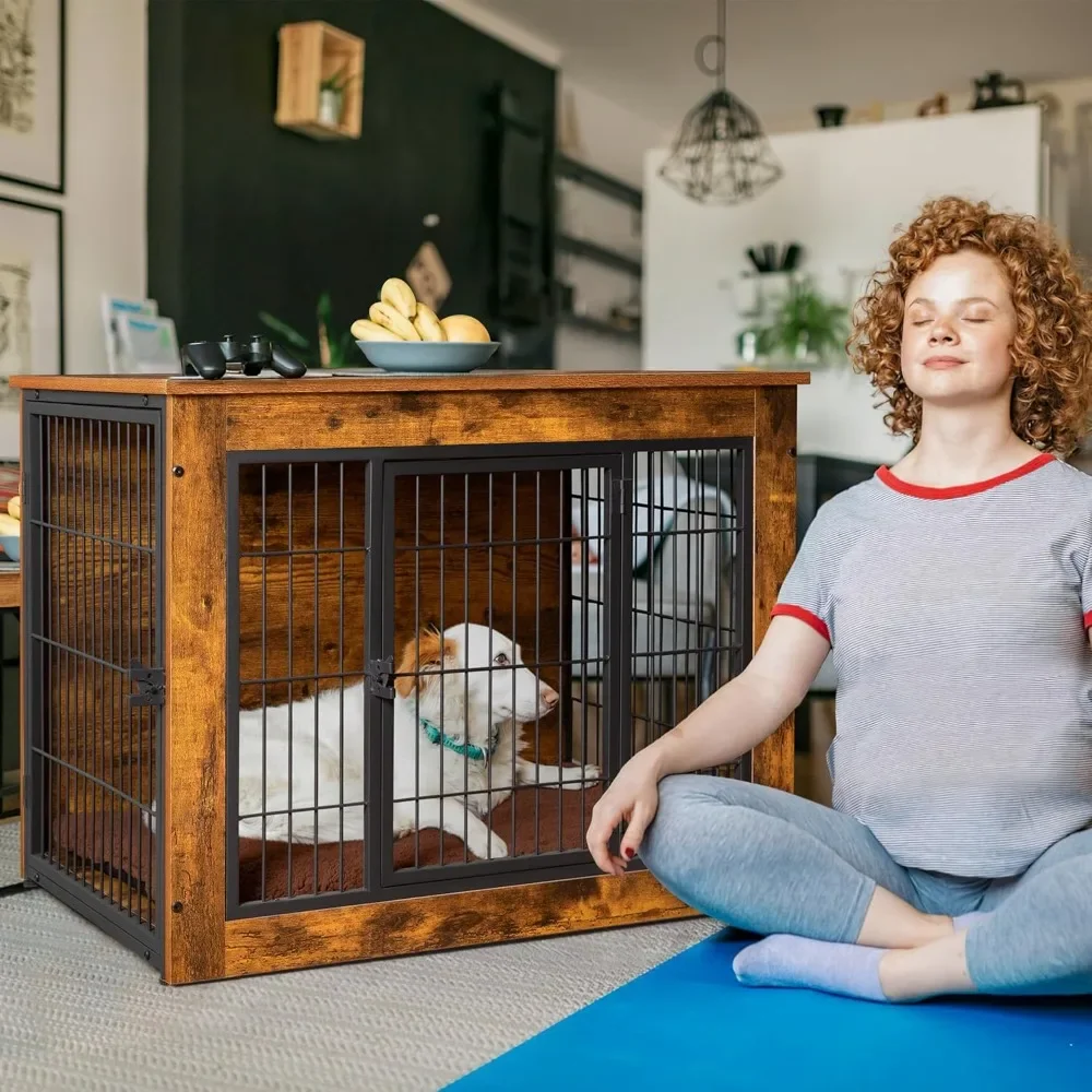 Dog Crate Furniture, Thick Cushion Design, Wooden Side Table Style, Double Doors And Chew Resistant Kennel