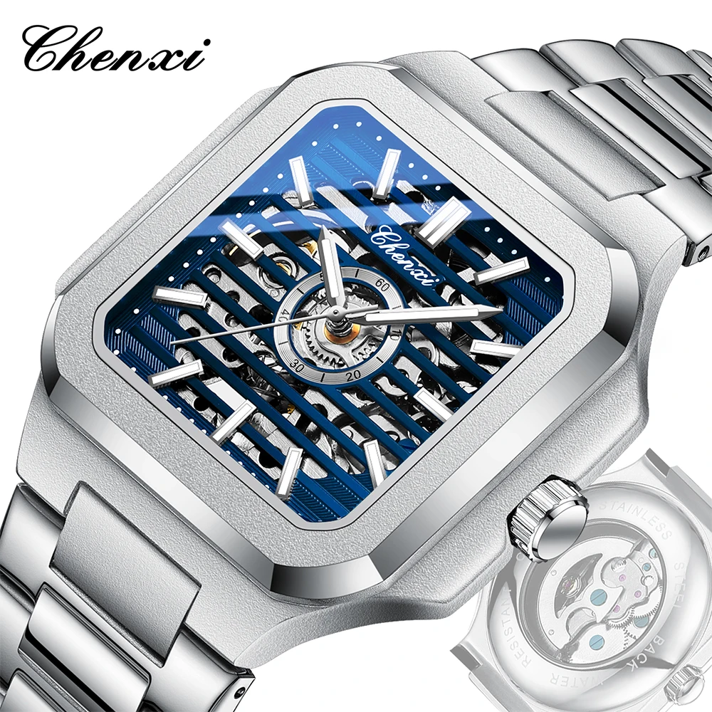 CHENXI ساعة رجالية ميكانيكية الراقية مربع الطلب الرجال الساعات التلقائي بالكامل جوفاء ساعات المعصم هدايا الذكور