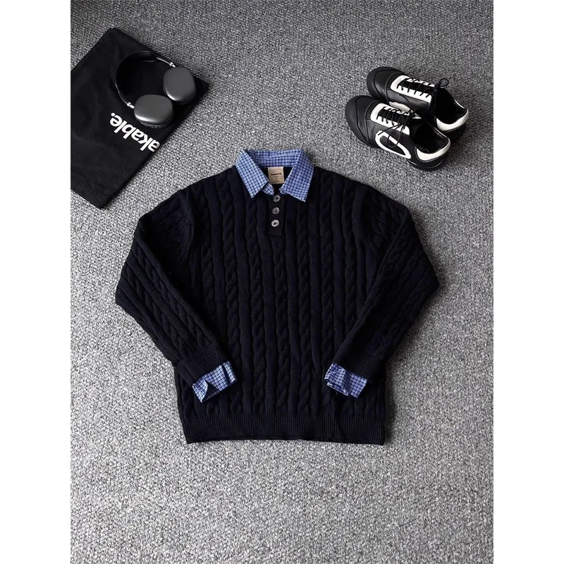 

American Retro Twisted Knit Fake Two-Piece Sweater Men's Sle Autumn Winter Lazy Sle High Collar Layering Knitted irt Men