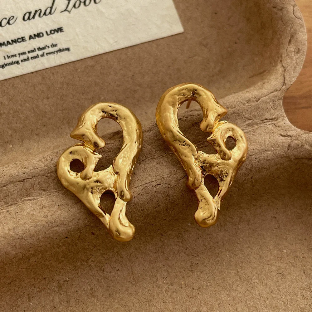 Kshmir Punk Cool Hammer Tone Metallic Hollow Out Irregular Heart Dangle Earrings for Women Real Gold Silver Plated Copper Alloy
