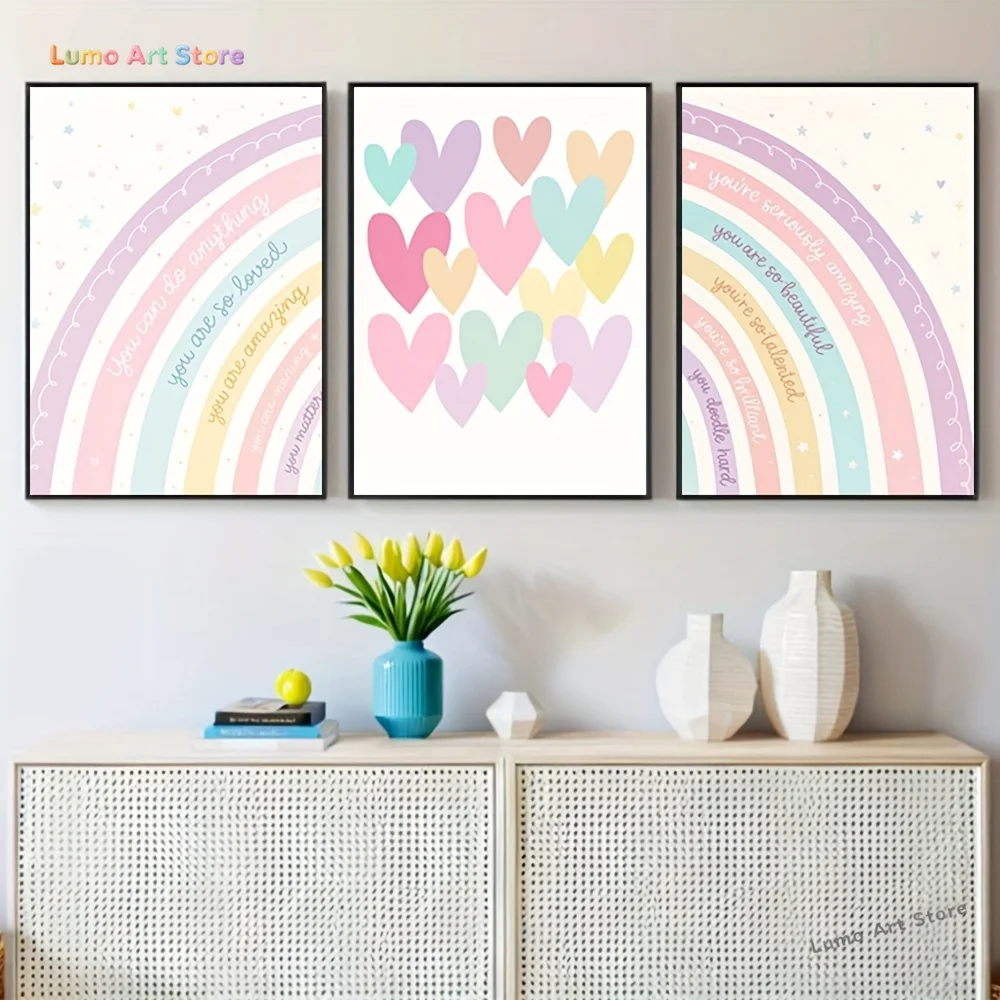 3 impressions artistiques d'affirmations positives - Arc-en-ciel avec des messages inspirants, motif de cœurs pastel avec amour et gentillesse, arc-en-ciel