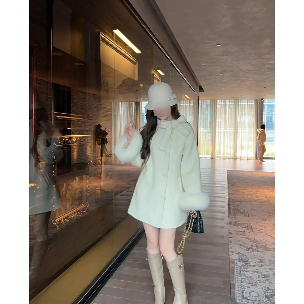 Doppelseitiger Wollfuchspelzmantel Eleganter französischer Cote D'or Damenoberbekleidung Langarm Pendlerstil Polyesterstoff