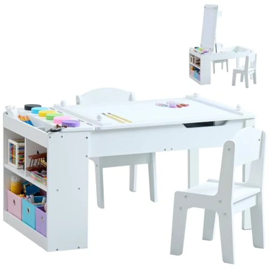

3-in-1 Art Table and Chair Set with Easel Craft Table for Coloring Drawing Painting Includes 6 Paint Cups 6 Storage Bins Paper