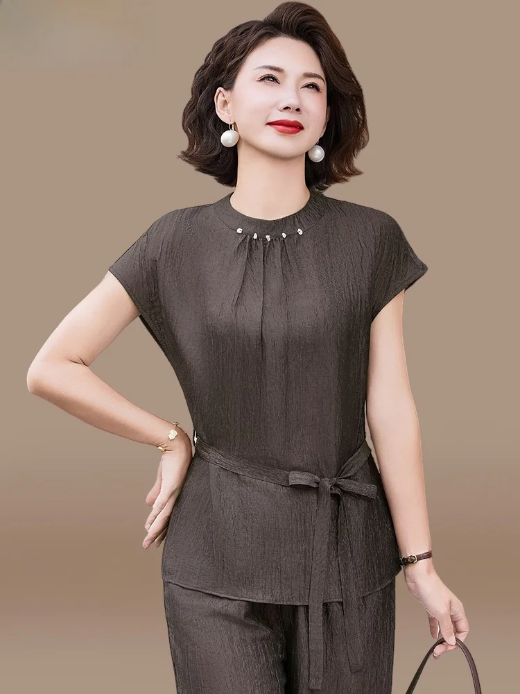 

Summer Faion Cotton Linen Casual ort Sve Two-Piece Set for Middle-Aged And ly Women Ele Lady Top And Bot