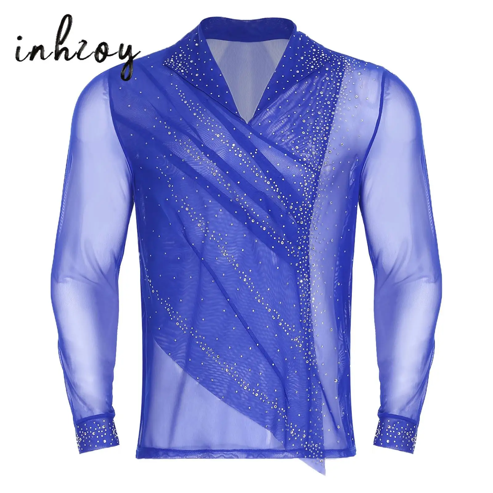 

Mens Figure Skating Dance Tops Shiny Rhinestones Sheer Mesh Front Ruched V Neck Long Sleeve Shirt for Gymnastics Performance