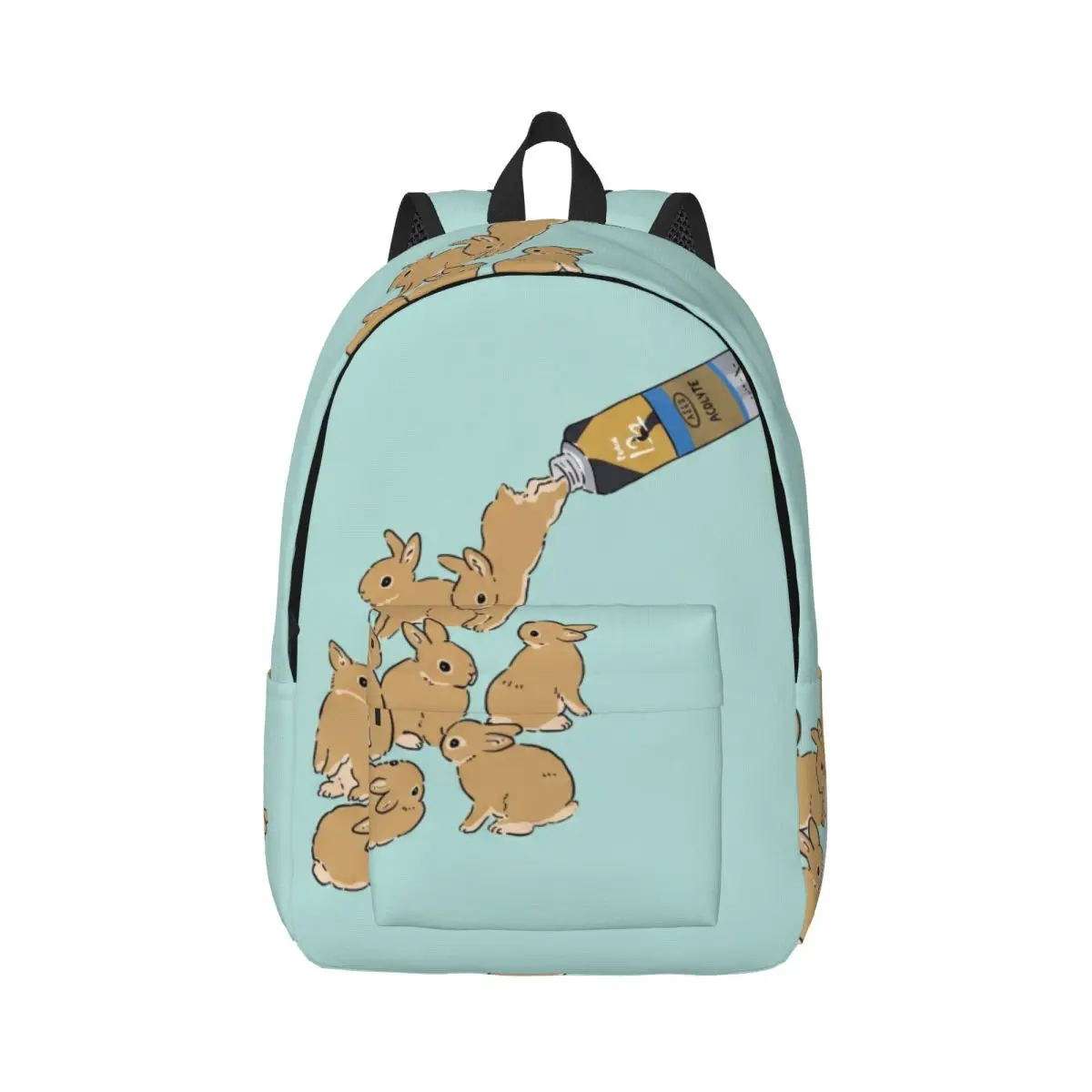 Fresh Student Backpack Center Rabbit Tube Whimsical Illustration Light Blue Brown Multi Soft Daypack for Teens Travel Daily Gift