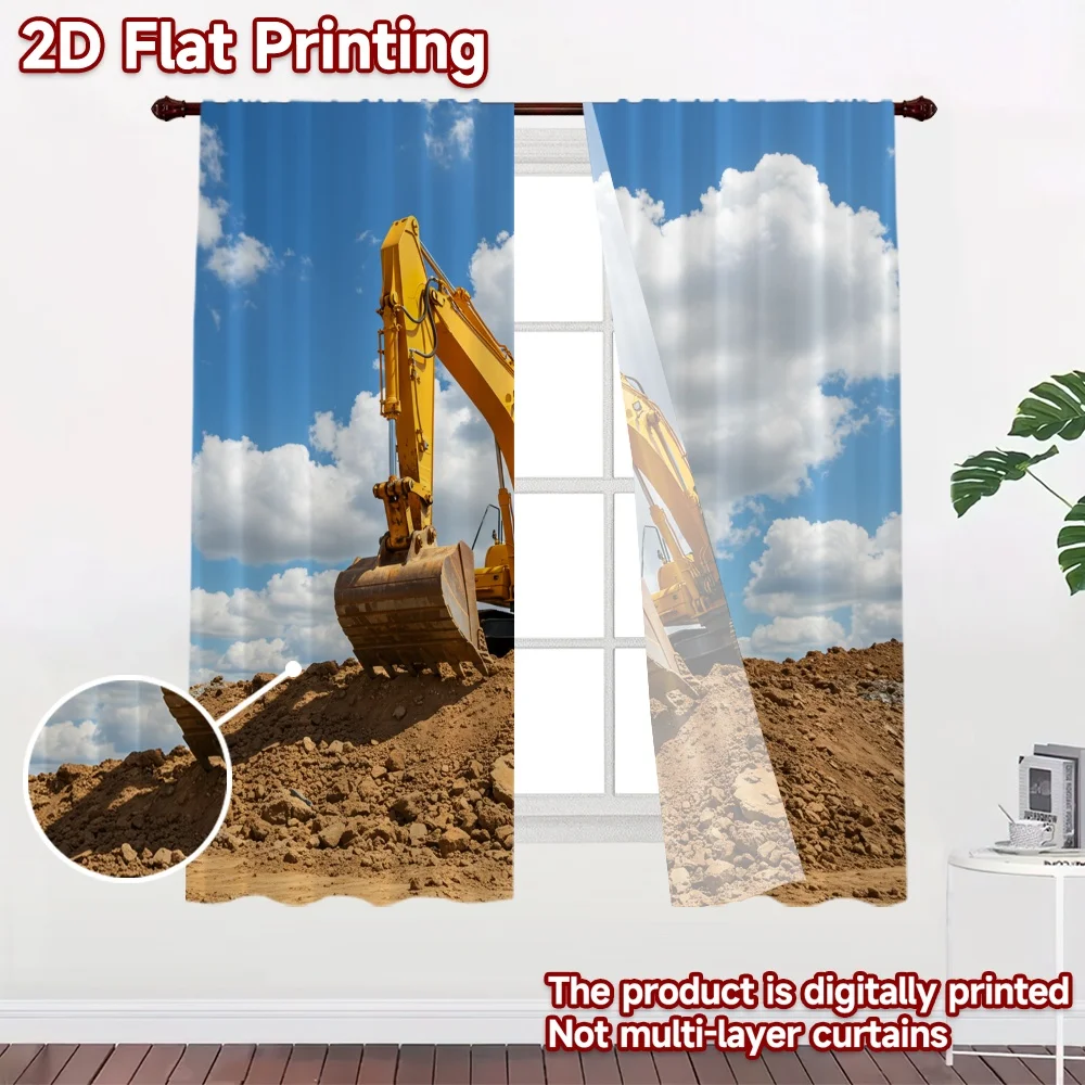 2D flat 2pcs Curtain Retro Country Style Yellow Excavator on Dirt Digitally printed polyester Party Decorations Use for Festive